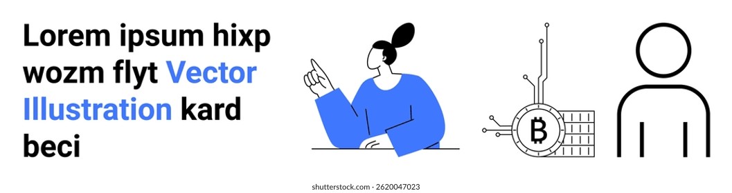 Minimalist person in blue, schematic Bitcoin blockchain representation, and human outline. Ideal for technology, finance, cryptocurrency, fintech, blockchain, digital identity, educational content