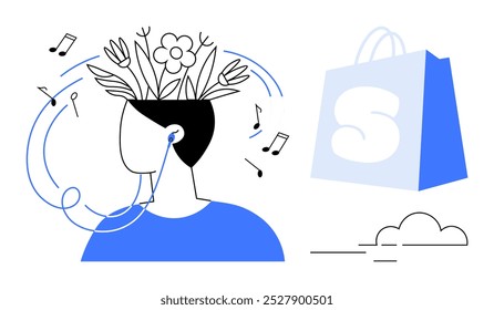 A minimalist person with earphones, flowers, and leaves sprouting from their head, surrounded by floating musical notes. Ideal for relaxation, creativity, music, nature, mindfulness themes. Modern