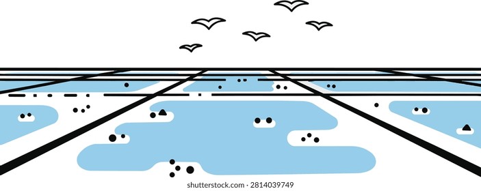 Minimalist Perspective Landscape with Water Fields and Birds
