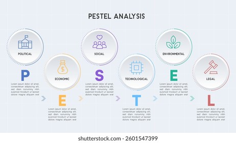 Minimalist PESTEL Analysis Infographic with Thin Line Circles and Business Factors on Light Grid Background Vector Illustration