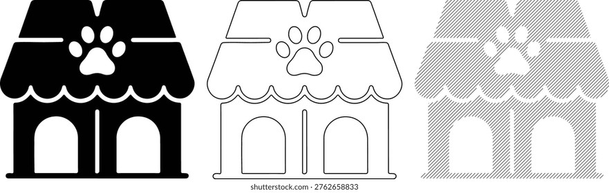 Minimalist pet shop storefronts featuring a paw print motif. Perfect for veterinary clinic or animal grooming service branding.