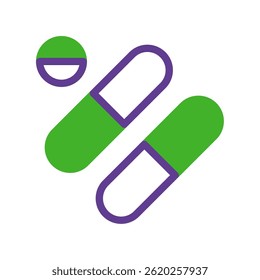Ícone farmacêutico minimalista: duas cápsulas e um tablet em verde vibrante e roxo