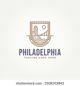 minimalist philadelphia pennsylvania city building and bridge badge line art icon logo vector illustration design