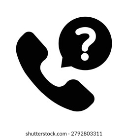 Minimalist phone help icon featuring a telephone handset and question mark speech bubble. Perfect for customer support, help centers, technical assistance, contact pages, FAQ sections, call centers, customer service platforms, mobile applications, websites, and communication interfaces.