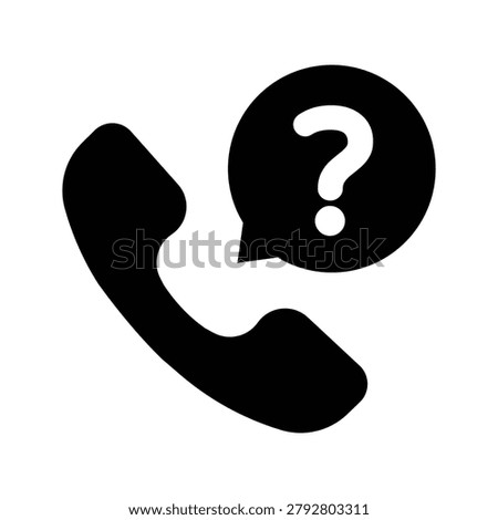 Minimalist phone help icon featuring a telephone handset and question mark speech bubble. Perfect for customer support, help centers, technical assistance, contact pages, FAQ sections, call centers, customer service platforms, mobile applications, websites, and communication interfaces.