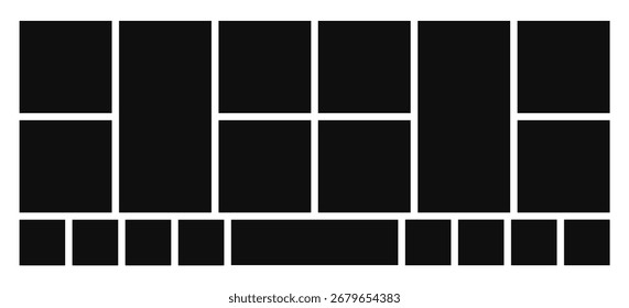 Minimalist photo gallery vector grid features irregular geometric shapes in black, perfect for creating modern mood boards or banners