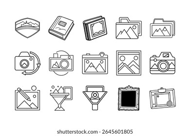 Minimalist photo icon set displayed on a clean white background, ideal for digital media, photography apps, website design, UI elements, and graphic projects.