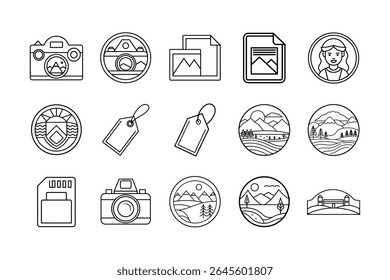 Minimalist photo icon set displayed on a clean white background, ideal for digital media, photography apps, website design, UI elements, and graphic projects.