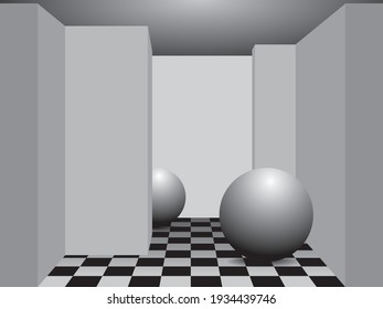 A minimalist photorealistic room in perspective with two spheres. vector illustration