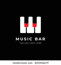 Minimalist Piano Logo Design With Wine Glass. Music Bar Logo.