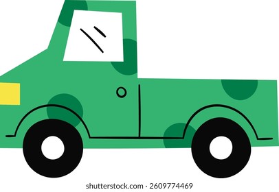 A minimalist pickup truck with geometric shapes and bold outlines. The vehicle is depicted in a side view with a playful and abstract design. Cartoon vector illustration.