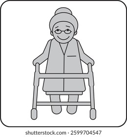 Minimalist pictogram of an elderly woman with glasses using a walker. A simple black-and-white vector illustration symbolizing senior mobility, independence, and elderly care in a clean, modern design