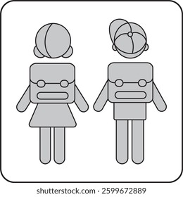 Minimalist pictogram of a girl and boy seen from behind, wearing school backpacks. A simple design, perfect for back to school, students, education, and childhood themes.