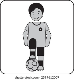 Minimalist pictogram illustration of a smiling boy wearing a soccer jersey, standing with one foot on a football. A simple and dynamic design, perfect for sports, teamwork, and youth football themes.