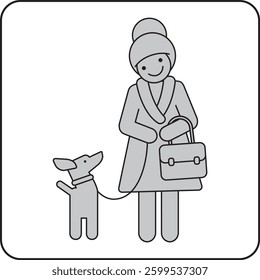 Minimalist pictogram illustration of a smiling woman in a winter coat holding a handbag, accompanied by a small happy dog on a leash. A friendly and warm design, perfect for pet-related concepts, urba