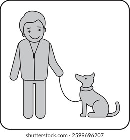 Minimalist pictogram of a man walking his dog on a leash. A simple black-and-white vector illustration representing companionship, outdoor activity, and pet care in a clean, modern design