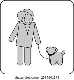 Minimalist pictogram of a smiling boy with a cap and long strand of hair, walking a dog on a leash. A simple and modern design, perfect for pet care, dog walking, and outdoor activities.