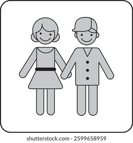 Minimalist pictogram of a smiling boy and girl standing side by side, holding hands. A simple and friendly design, perfect for childhood, friendship, family, and kids’ themes.