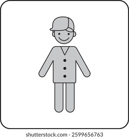 Minimalist pictogram of a smiling young boy standing in a buttoned coat and cap. A simple and friendly design, perfect for childhood, kids’ themes, education, and character illustrations.