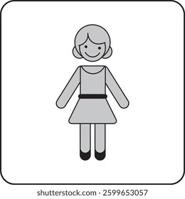 Minimalist pictogram of a smiling young girl standing in a dress with a belt. A simple and friendly design, perfect for childhood, kids’ themes, education, and character illustrations.