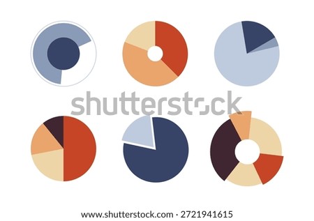 Minimalist pie chart icons. Vector isolated analytics panel elements collection with divisions. UI or UX dashboards and app interfaces, productivity tools. Data information and visualizations