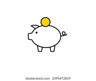 Minimalist piggy bank icon with a yellow coin depicting savings, finance, and economic management.