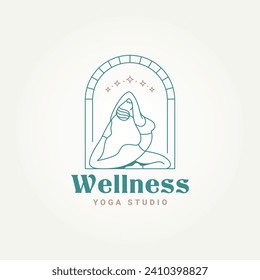 minimalist pilates yoga meditation line art logo template vector illustration design. simple modern of woman doing yoga position logo concept