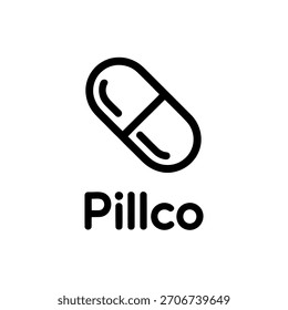 Diseño minimalista del logotipo de Pillco con un ícono de píldora audaz y tipografía simple