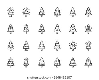 Minimalistische Kiefer und Weihnachtsbaum Linie Icons Set - 25 handgezeichnete Winter Holiday Evergreen Tree Symbole in schwarzem Umriss Stil auf weißem Hintergrund für saisonale Design und Dekoration Projekte