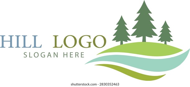 Minimalist Pine Tree Hill and Water Waves Logo – Nature Landscape Vector