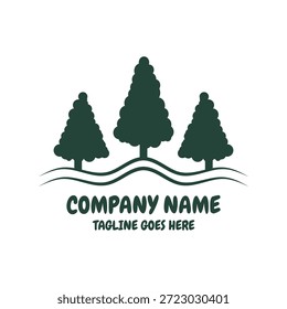 Logotipo minimalista del árbol de pino con las colinas y las olas