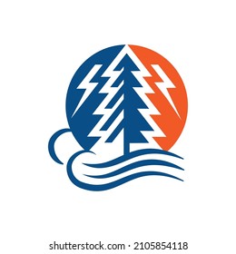 Minimalist pine tree logo with tunder icon. Vector illustration EPS.8 EPS.10
