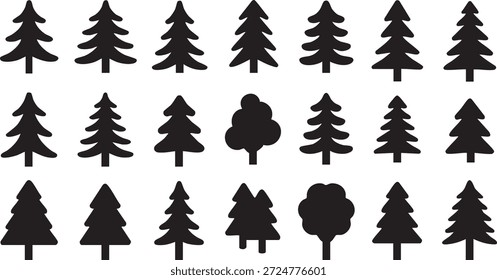 Siluetas minimalistas del árbol de pino y los iconos del bosque de hoja perenne, sistema de los iconos planos del árbol de Vector para el diseño de la naturaleza y de la ecología, colección negra del abeto y del abeto aislada en el fondo blanco