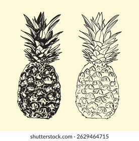 Minimalist pineapple line art illustration in vintage style. Ideal for branding, packaging, posters, kitchen decor, and tropical-themed designs. Perfect for creatives and designers.