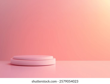 Minimalist pink 3D podium with two tiers against a soft gradient backdrop. Glossy surface reflects soft light, perfect for product display, showroom, or stylish branding mockups