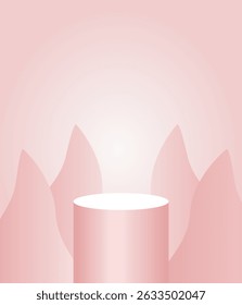 Fundo rosa minimalista com pedestal e formas abstratas