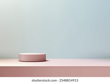 Escena rosa y azul minimalista con un solo podio circular en 3D. Perfecto para mostrar productos o diseños con un estilo limpio y elegante para maquetas, marcas y salas de exposición