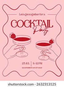 Minimalist pink cocktail party invitation with two hands toasting strawberry cocktails. Elegant, fun and perfect for festive summer events, printables, and digital use.

