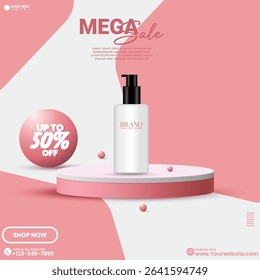 Minimalist Pink color 3D Podium Design with New Collection Sale Template. Creative Promotional Poster with Discount Badge and Product Stage. Sale Event Product Display with Podium. 