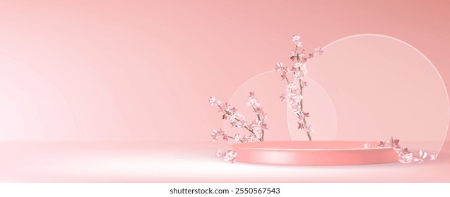 Minimalist pink display podium decorated with delicate sakura blossoms and circular glass element. 3d vector cylindrical pedestal surrounded by blooming cherry branches for romantic spring design.