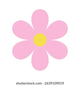 Minimalist pink flower with six rounded pink petals and a yellow center. Pastel flat flower icon. Cute cartoon floral element. Vector Illustration