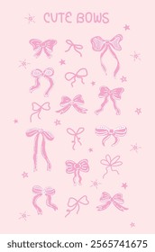 Minimalist pink hand drawn ribbons and bows set, collection. Art for greeting cards, wedding concept, invitations, poster design, postcards, branding, logo design, cute background. Vector illustration