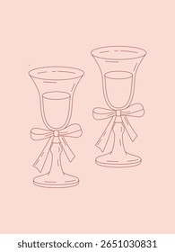 Arte de linha rosa minimalista de dois copos de vinho com arcos. Elegante estilo desenhado à mão para celebração, romance, ou projetos temáticos de casamento.

