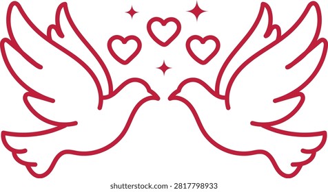 A minimalist pink line-art vector illustration of two flying love birds doves facing each other with hearts and sparkles on a white background for wedding and valentine concepts