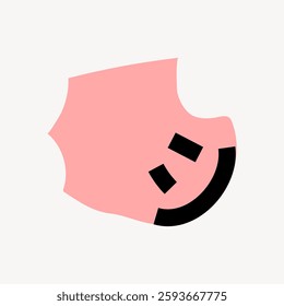 Minimalist pink pig face illustration with a simple smile and black eyes. Cartoon pig design on a white background. Playful pig art for kids' decor. Isolated vector illustration.