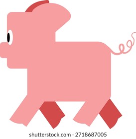 Minimalistisch rosa Schwein flachen Vektor mit geometrischen Formen, einem spielerischen lockigen Schwanz, und rote Hufe