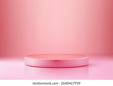 minimalist pink product display featuring a glossy 3d round pedestal on a reflective surface, ideal for beauty cosmetics or delicate fashion items in a clean elegant mockup or showroom setting