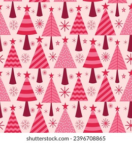 Minimalist pink and red Christmas trees seamless pattern with stars and snowflakes on light background. For Christmas wrapping paper, greeting cards and Christmas fabric 