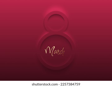 Diseño de cuadro abstracto de forma 3D 8 de color rojo blanco minimalista. Texto de oro de marzo. Ilustración de diseño vectorial del día 8 de marzo. Afiche geométrico mínimo de feriado del Día de la Mujer, tarjeta de saludo, banner de corte de papel