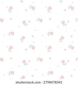 Minimalist Pink Rose Seamless Pattern with Soft Polka Dots for Romantic Feminine Textile Design